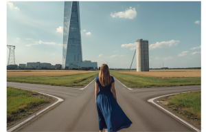 A woman with long, blond hair stands at a crossroad looking at two towers. The one to the left is a huge skyscraper. The one to the left is a much smaller grain silo. 800.601.6975